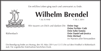 Traueranzeige von Wilhelm Brendel von Pegnitz-Zeitung